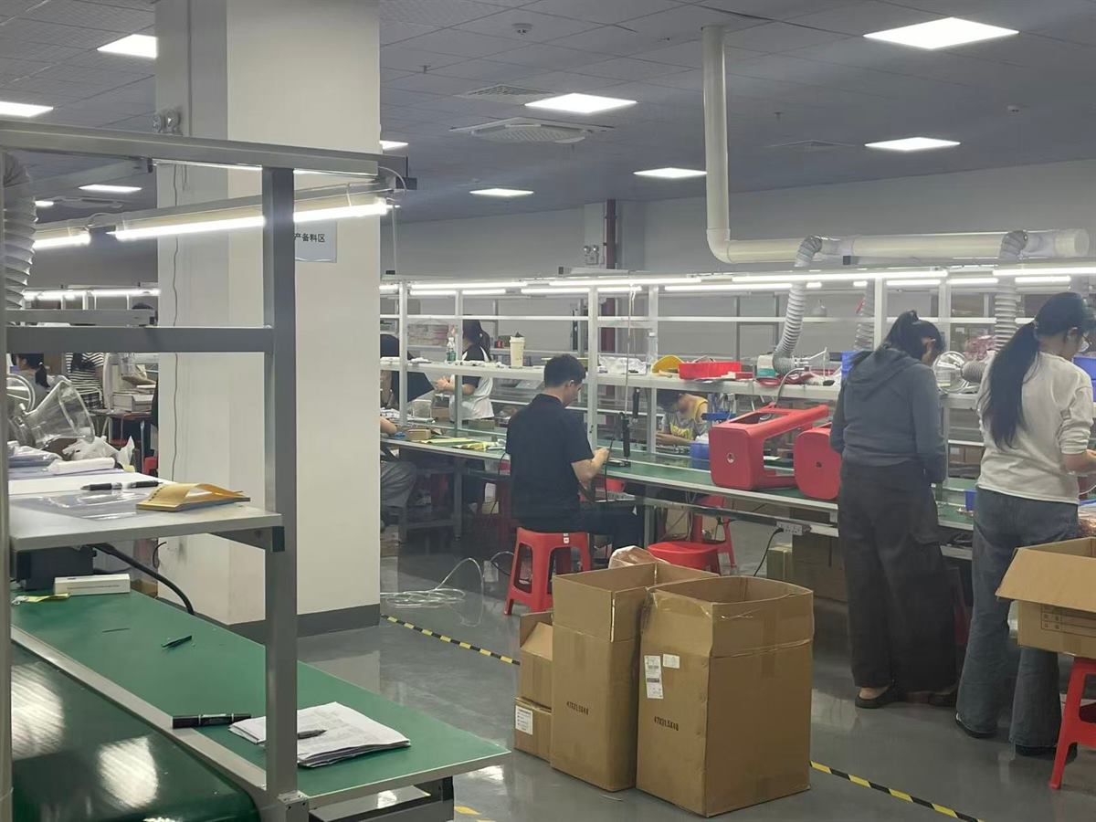 Packing station with export cartons staged beside the line